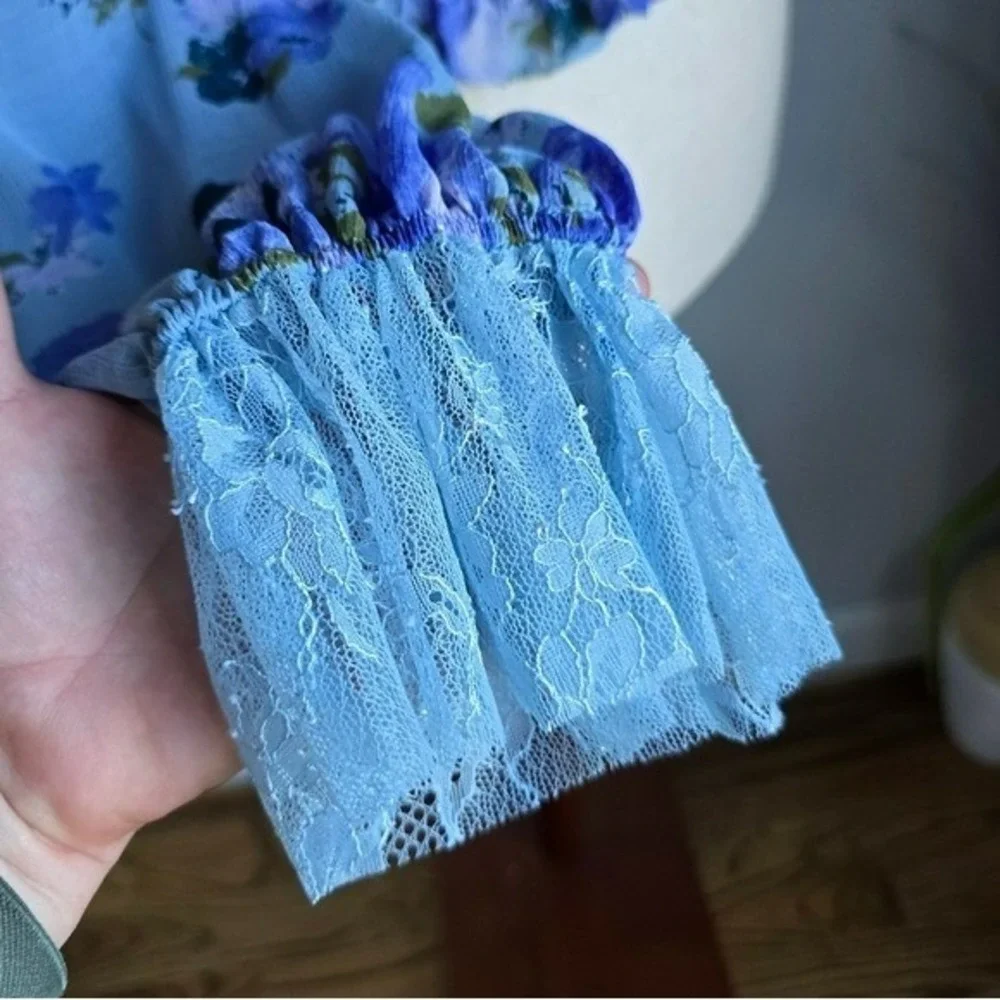 Free People Daphne Blue Floral Lace Smocked Blouse Top SZ Large Coquette Fairy
